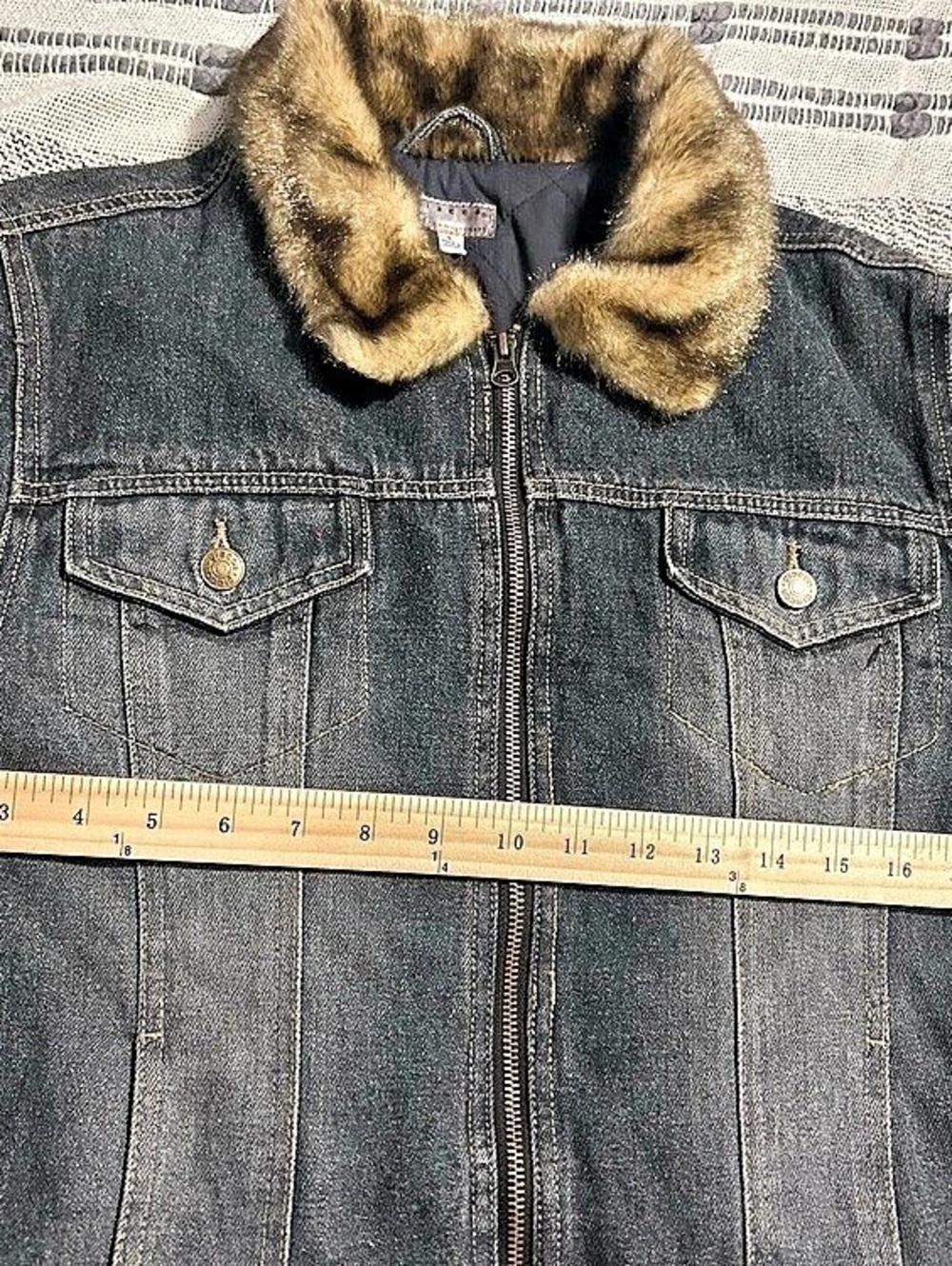 Giacca Jacket Womens Sz Large Blue Denim Faux Fur Collar Cuffs Lined Bomber - Picture 3 of 10